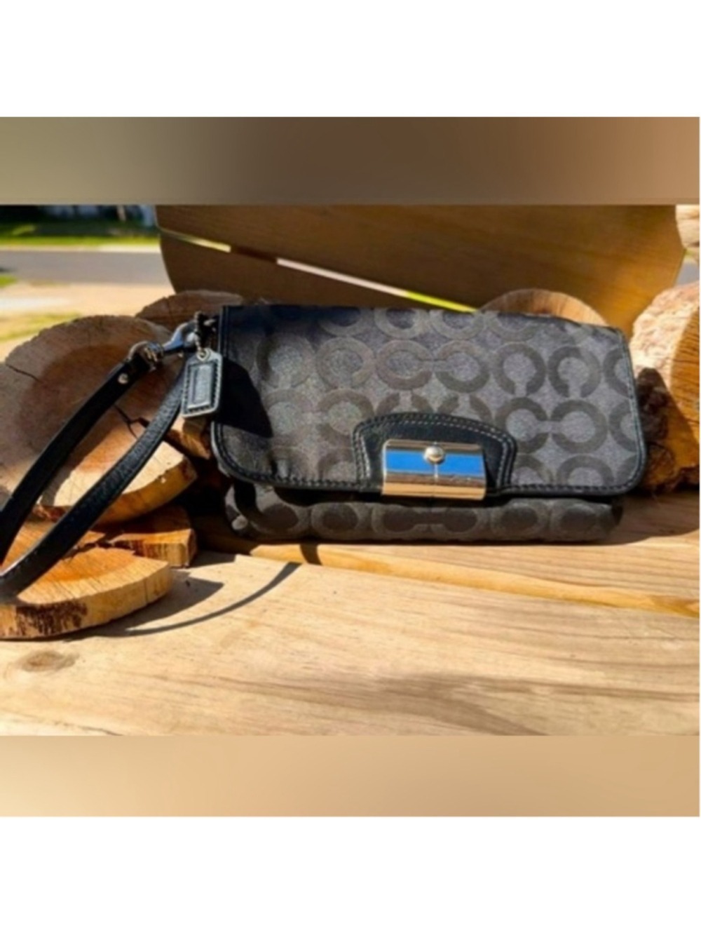 Coach Kristen Lurex Signature C Op Art Wristlet Clutch Black Jacquard